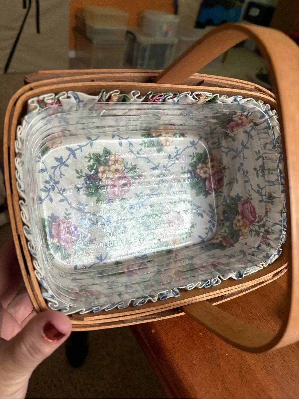 Longaberger Natural and Red Woven Handled Basket with Liner